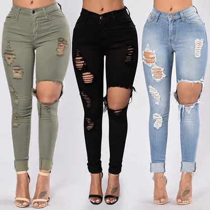 High Waist Stretch Ripped Jeans -