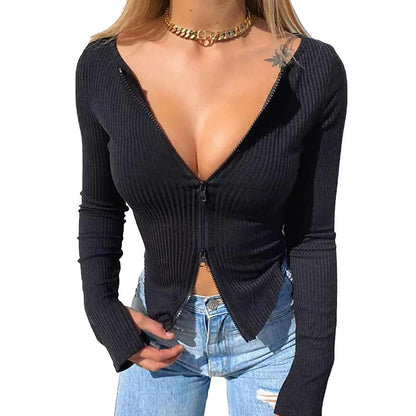 Sexy Long Sleeve Crop Tops Zipper Design -