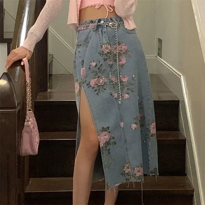 Streetwear Vintage Flowers Print Long Denim Skirts -