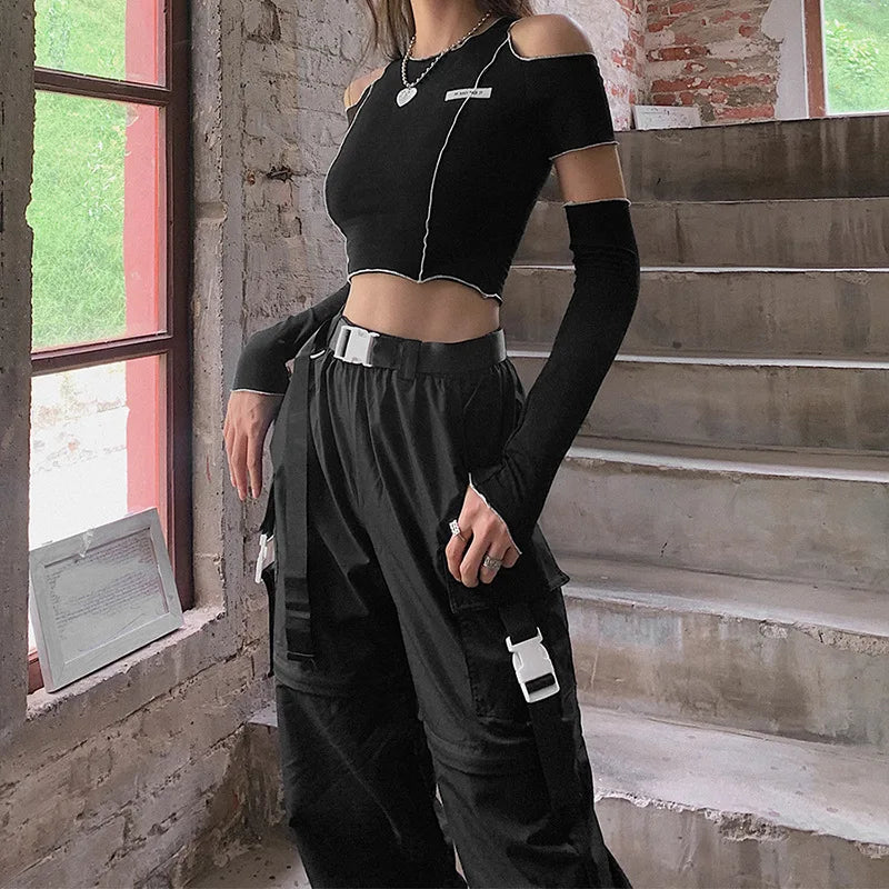 Black T-shirts Gothic One Shoulder Sleeve Y2k Crop Tops -