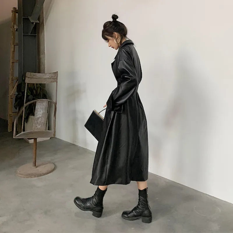 Long oversized leather trench coat for women streetwear -