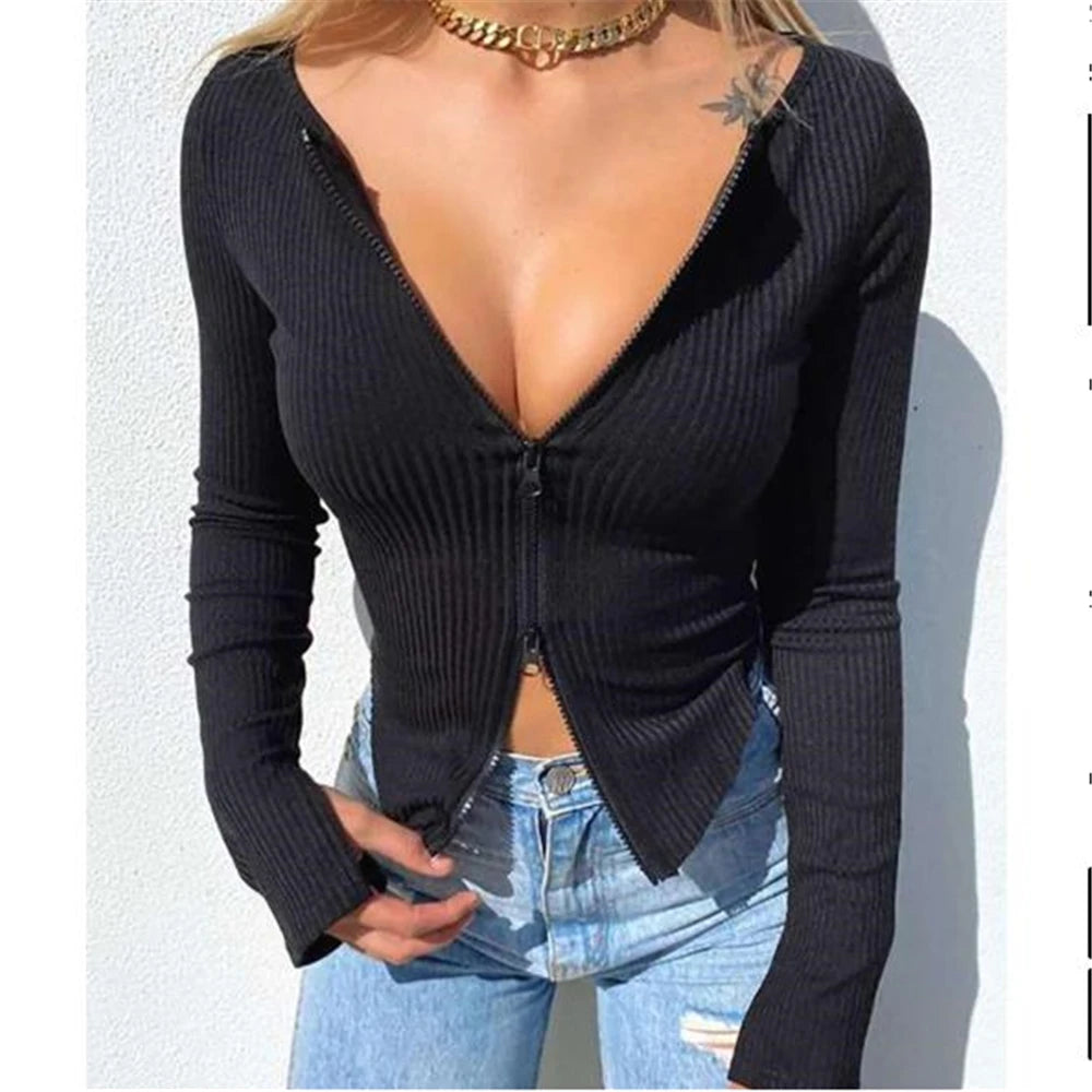 Sexy Long Sleeve Crop Tops Zipper Design -