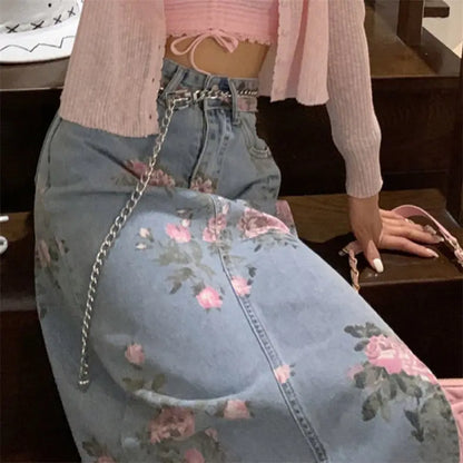 Streetwear Vintage Flowers Print Long Denim Skirts -