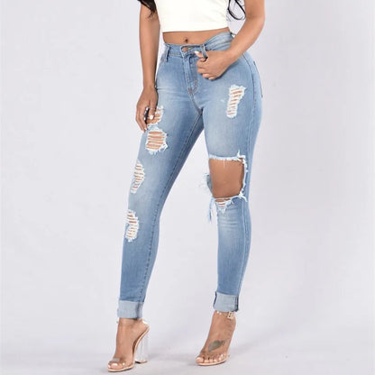 High Waist Stretch Ripped Jeans -