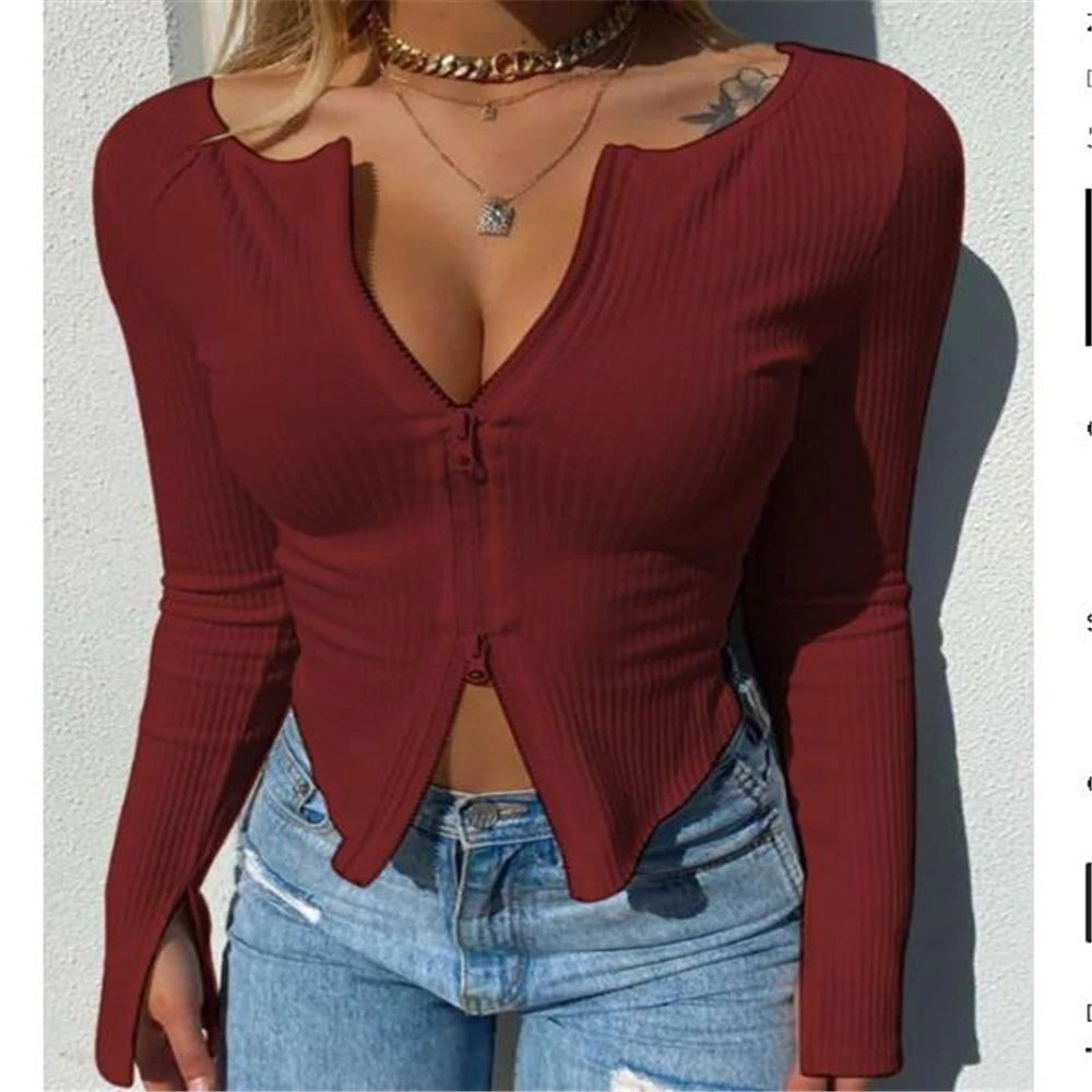 Sexy Long Sleeve Crop Tops Zipper Design -