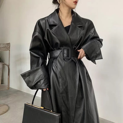 Long oversized leather trench coat for women streetwear -