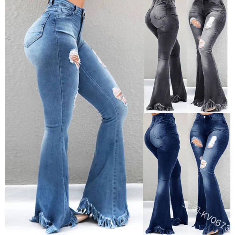 Full Length Denim Flare Capris Jeans -