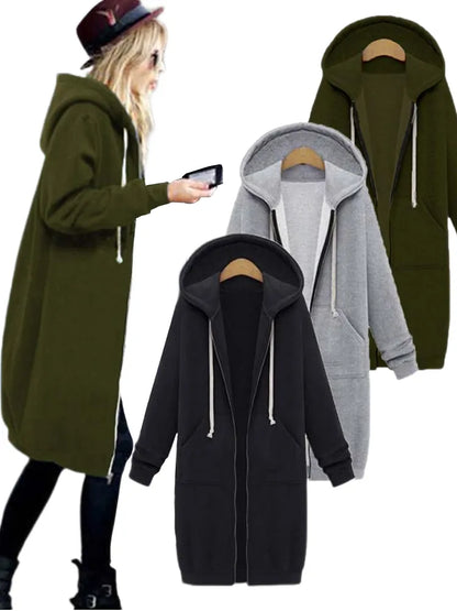 2023 Casual Women Long Hoodies Sweatshirt Coat Zip Up -