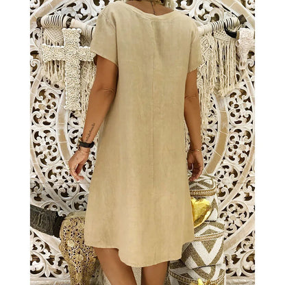 Boho Cotton Linen Dress Short Sleeve -