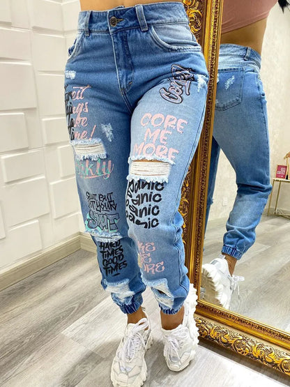 2023 New Letter Print Ripped Jeans Casual -