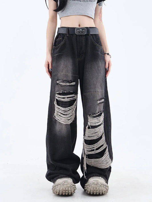 High Waist Vintage Y2k Streetwear Ripped Jeans -