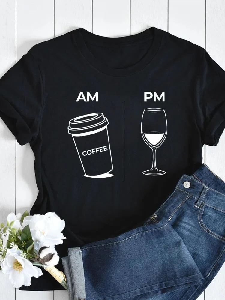 Fashion AM Coffee PM Red Wine Print T Shirts -