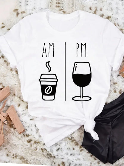 Fashion AM Coffee PM Red Wine Print T Shirts -