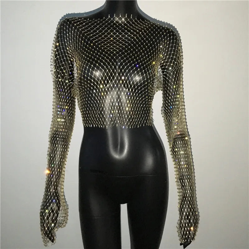 Women Sexy Mesh See Through Shiny t shirt -