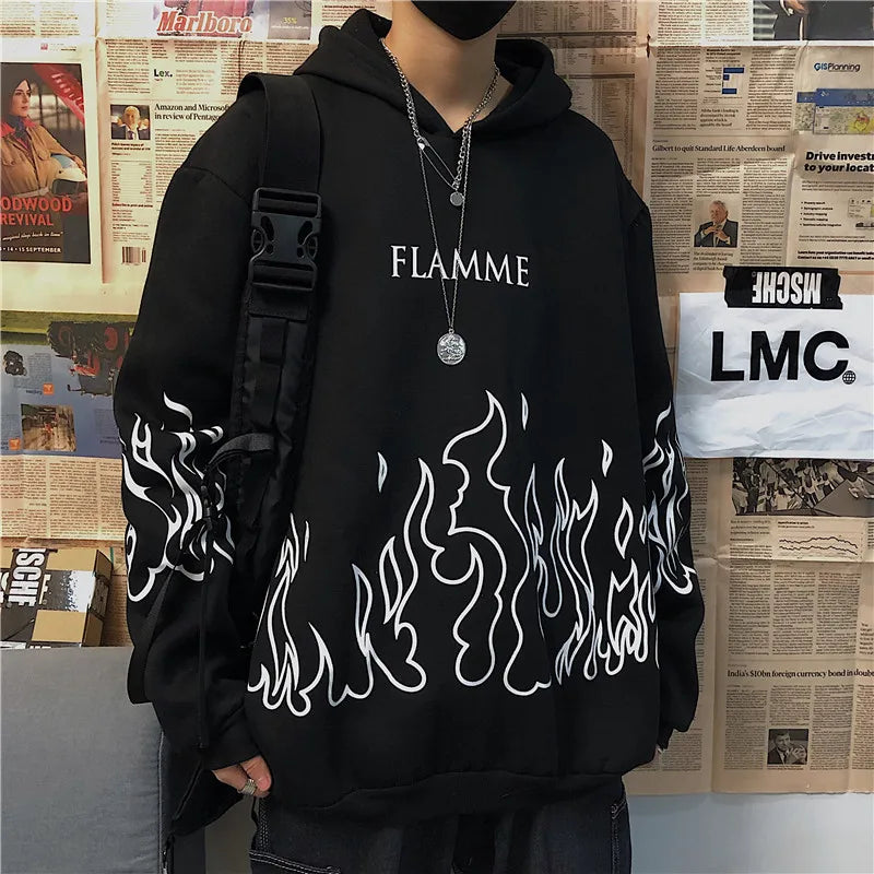 Unisex Oversize Retro Flame Print Hoodie -