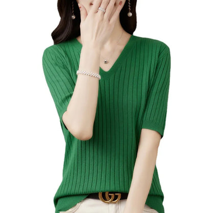 Women Sweater Short Sleeve V-neck -