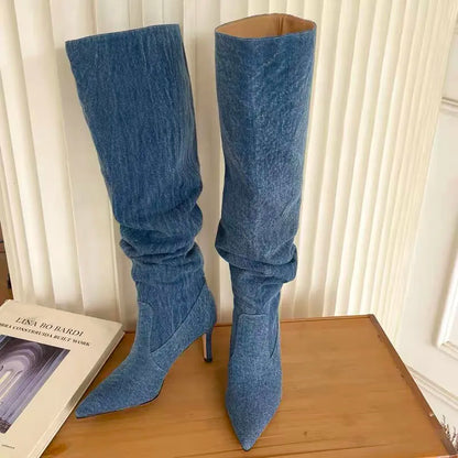 High Knee Heels Denim Jean Boots  -