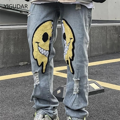 Streetwear Irregular Ripped Hole Jeans Denim Pant -