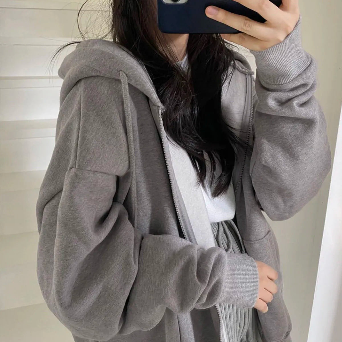 Basic Hoodies Solid Color Zip Up Pocket Oversized -