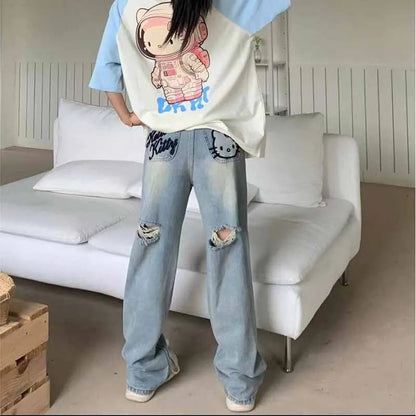 Casual Torn Jeans Hello KittyPattern Jeans -