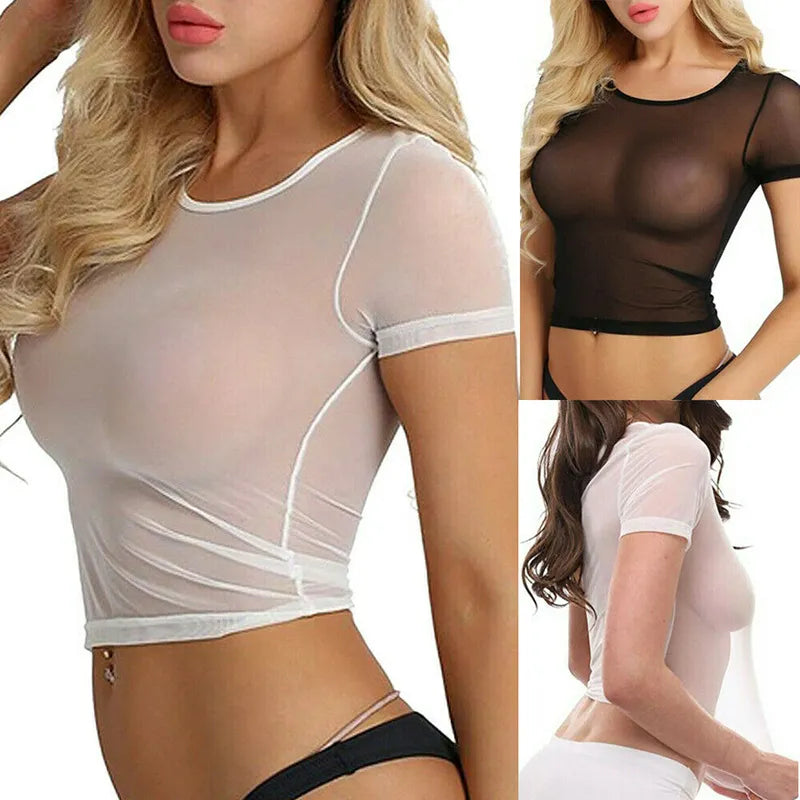 Sexy T-Shirt See Through  Short Sleeve Crop Top -