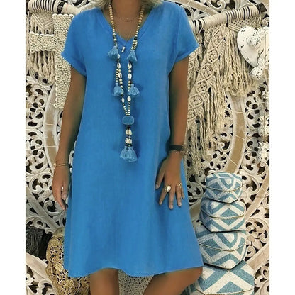 Boho Cotton Linen Dress Short Sleeve -