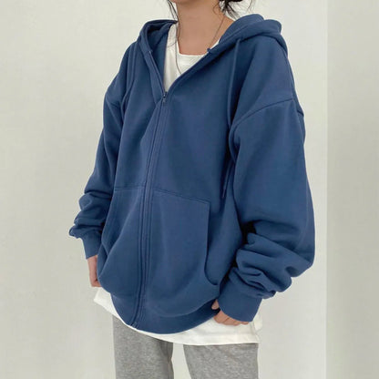 Basic Hoodies Solid Color Zip Up Pocket Oversized -