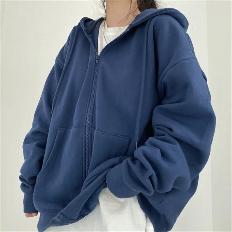 Basic Hoodies Solid Color Zip Up Pocket Oversized -