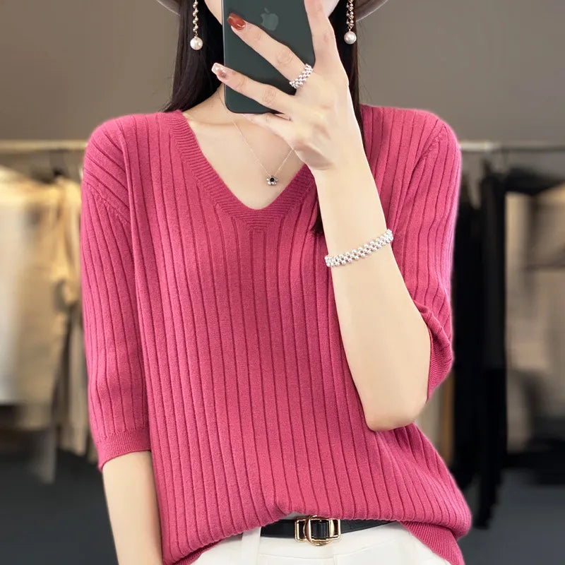 Women Sweater Short Sleeve V-neck -