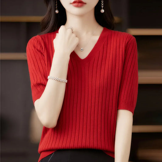 Women Sweater Short Sleeve V-neck -