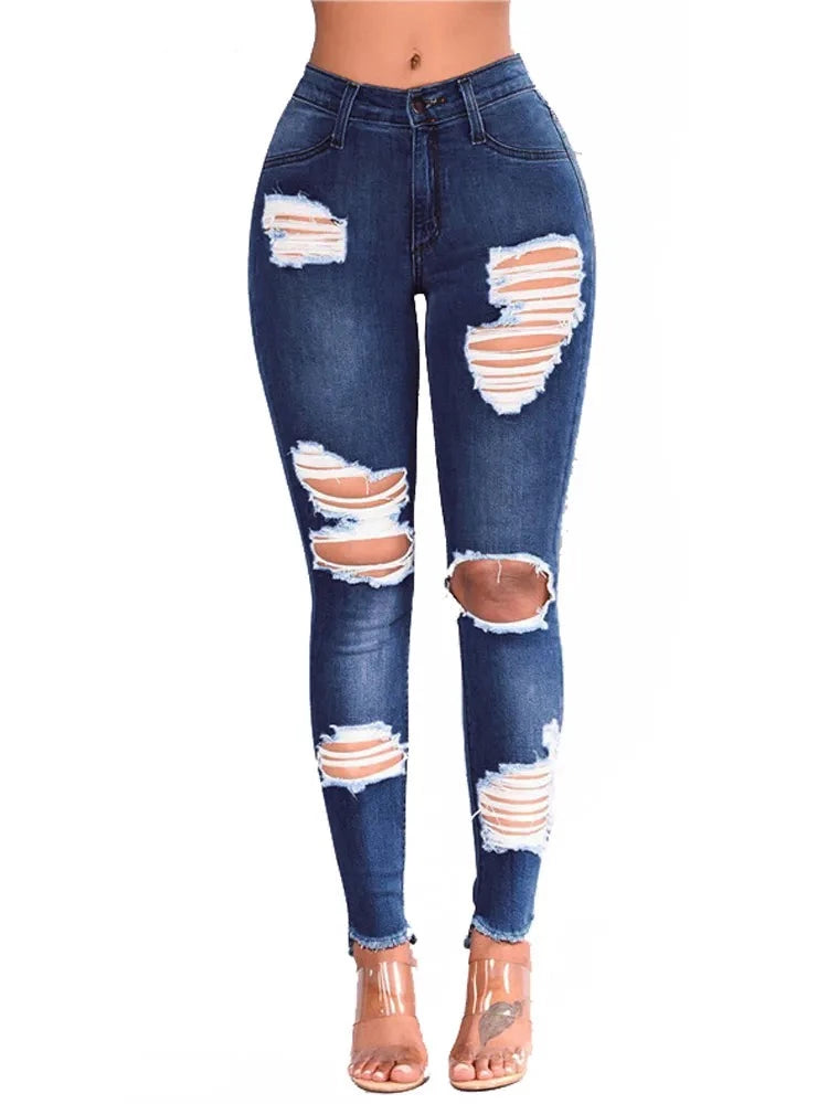 Women Ripped Stretch Jeans Skinny Hole Denim -