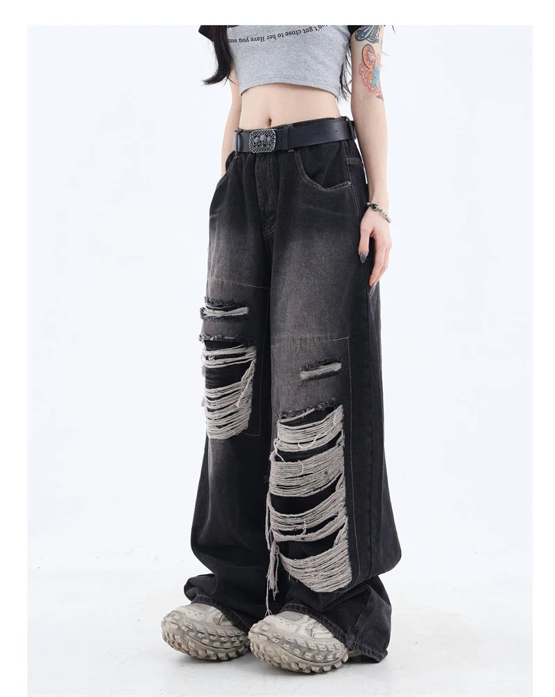 High Waist Vintage Y2k Streetwear Ripped Jeans -