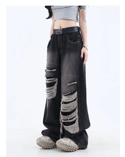 High Waist Vintage Y2k Streetwear Ripped Jeans -